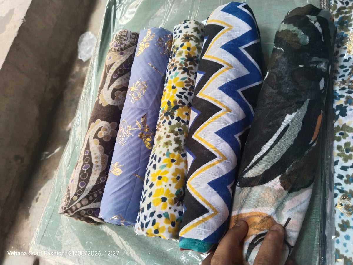 5-Piece Printed Lawn Hijab Bundle with 4-in-1 Multi-Color Inner Cap – Soft Premium Lawn Scarves for Women | Random Color Mix Print