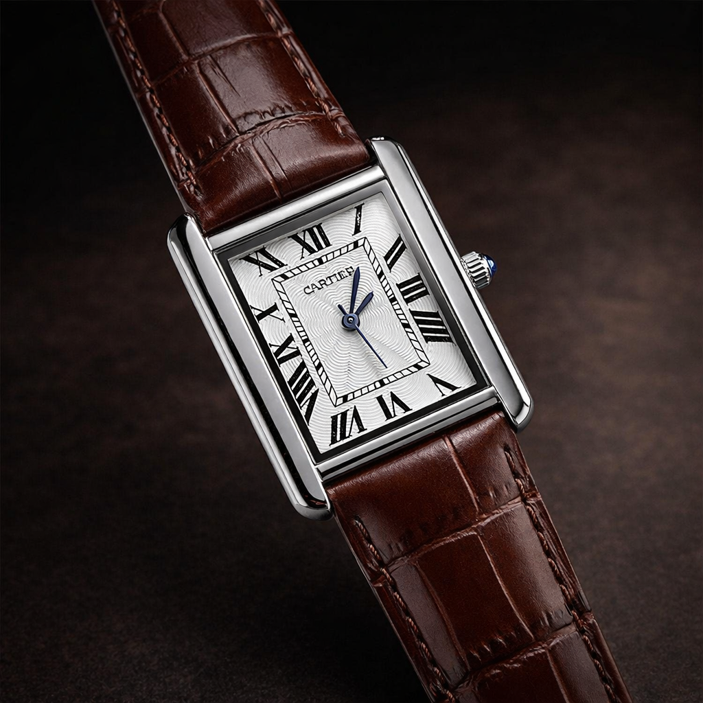 Cartier Style Rectangular Analog Watch for Men – Brown Leather Strap | Quartz Wrist Watch - Golden