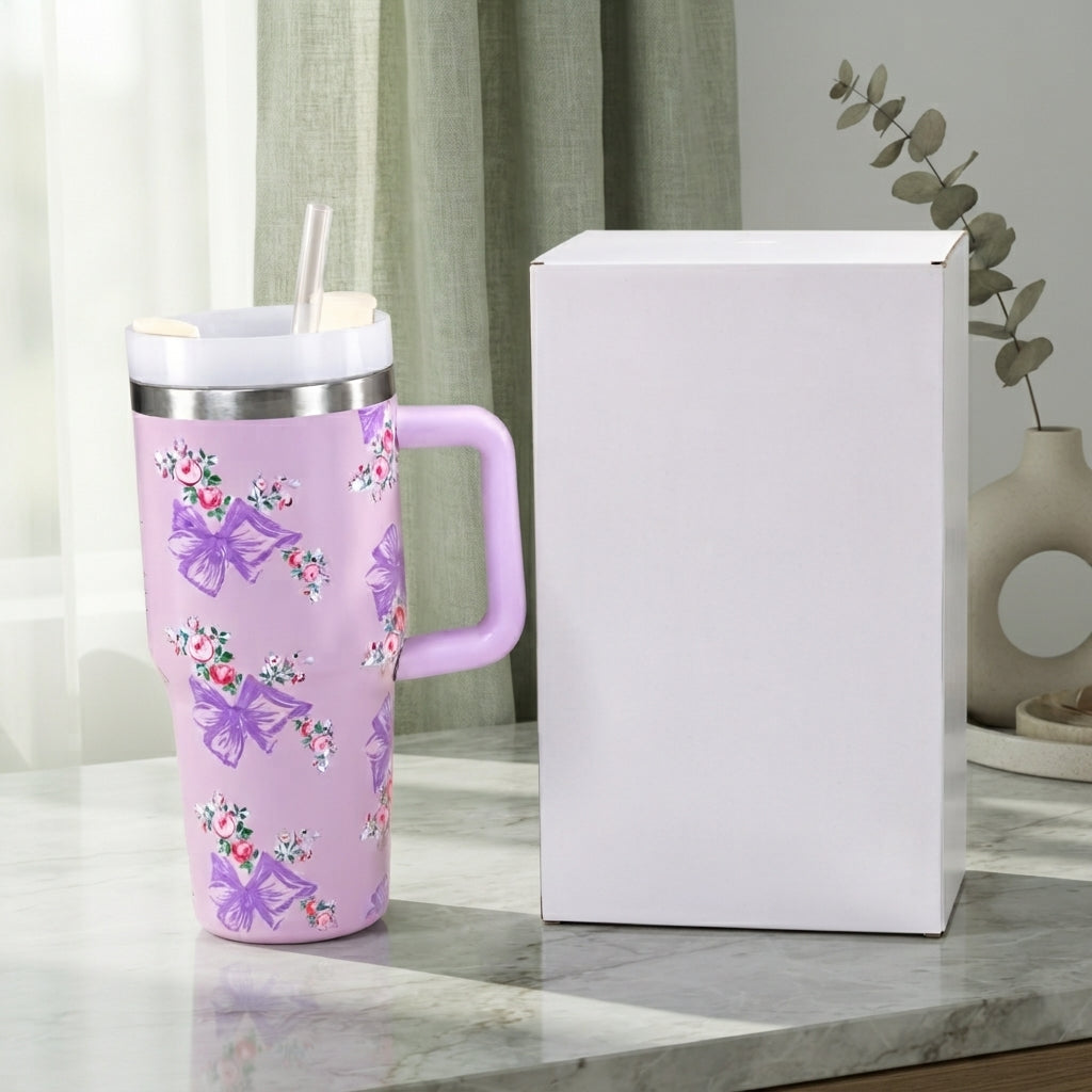 Stanley Style Lavender Floral Print Tumbler - Drinkware Accessory Designed For Liquid Hydration And Daily Travel Routine - 600ML