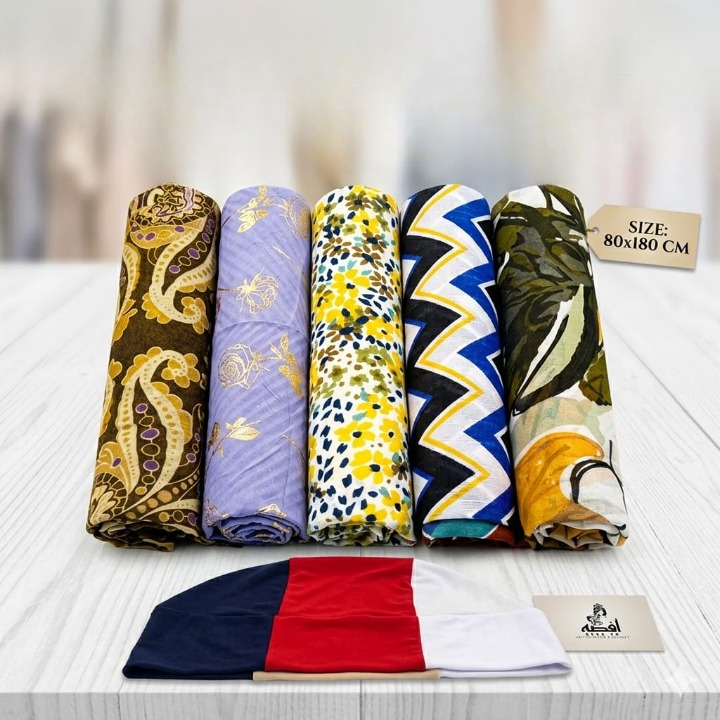 5-Piece Printed Lawn Hijab Bundle with 4-in-1 Multi-Color Inner Cap – Soft Premium Lawn Scarves for Women | Random Color Mix Print