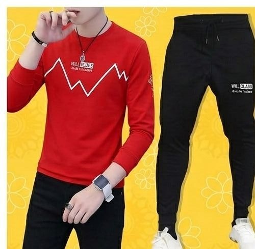 Printed T-Shirt and Trouser Summer Track Suit for Men & Boys – Comfortable Casual Two-Piece Outfit, Soft Breathable Fabric - Red, Medium
