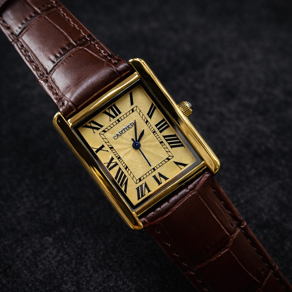 Cartier Style Rectangular Analog Watch for Men – Brown Leather Strap | Quartz Wrist Watch - Golden