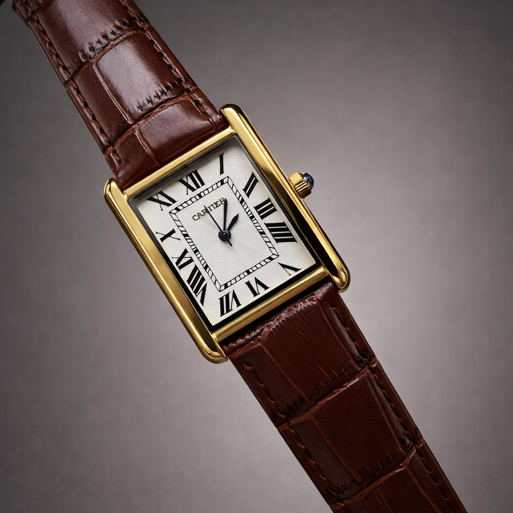 Cartier Style Rectangular Analog Watch for Men – Brown Leather Strap | Quartz Wrist Watch - Golden