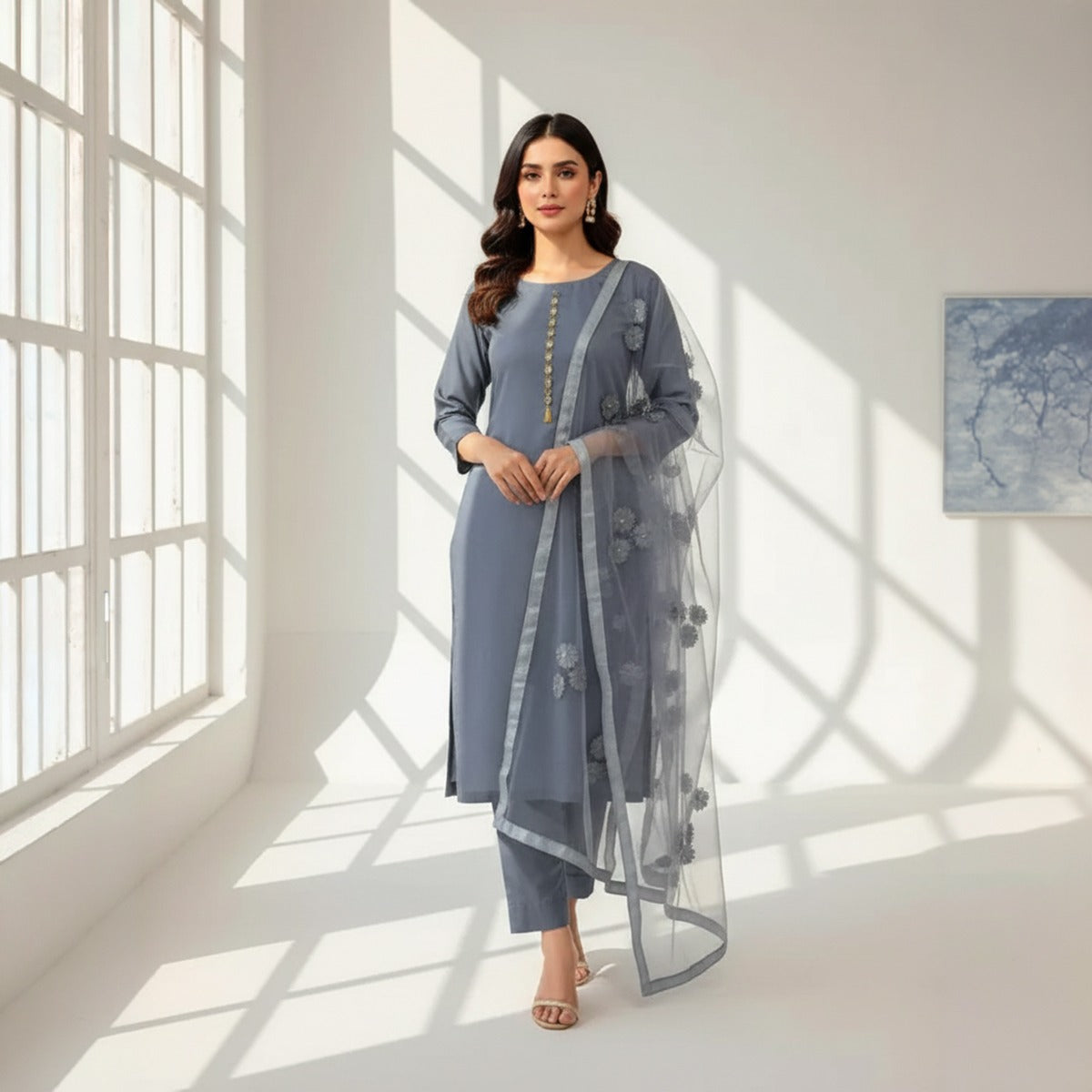 Premium Katan Silk Unstitched 3 Piece Suit With Net Dupatta For Women - Baby Pink