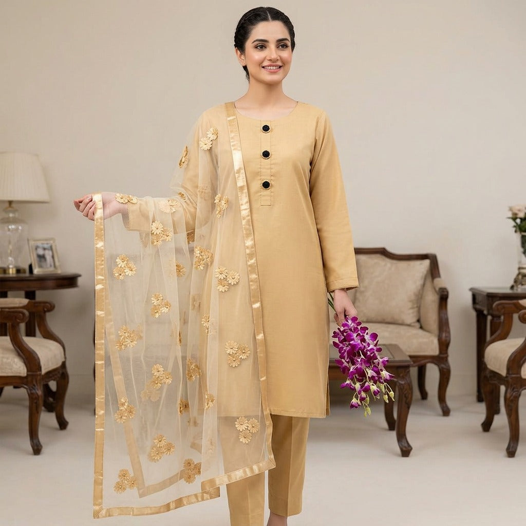 Premium Katan Silk Unstitched 3 Piece Suit With Net Dupatta For Women - Baby Pink