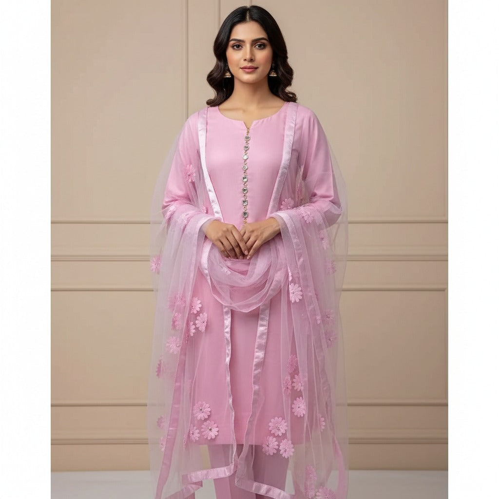 Premium Katan Silk Unstitched 3 Piece Suit With Net Dupatta For Women - Baby Pink