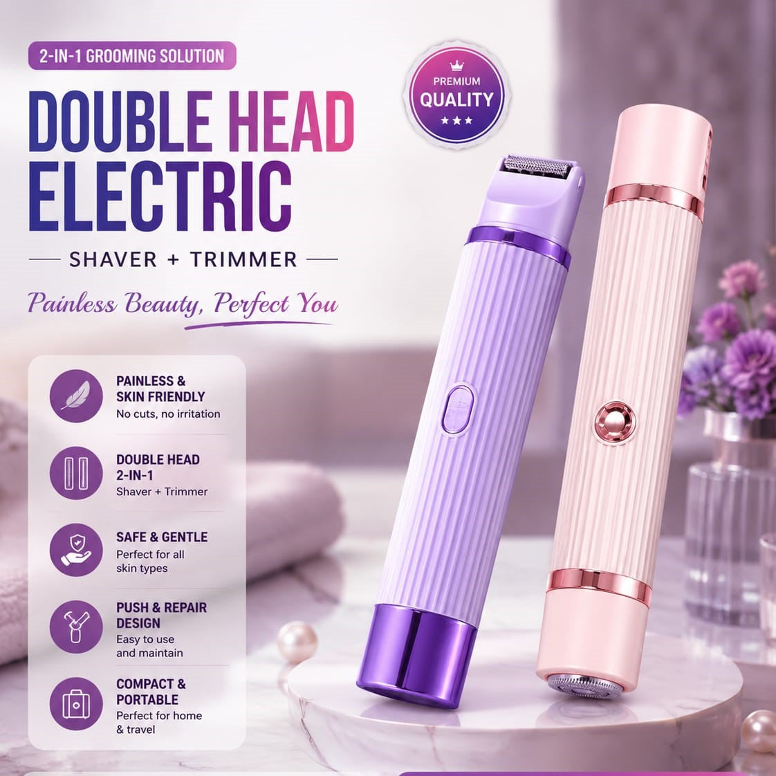 2 in 1 Women Electric Shaver Dual Head Bikini Trimmer for Women IPX7 Waterproof Wet & Dry Use Body Hair Trimmer and Facial Hair Remover for Bikini Underarm Leg Arm Body Face (Random Color)